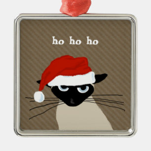 Humous Siamese Cat Ho Ho Ho   Funny Santa Kattunge Julgransprydnad Metall