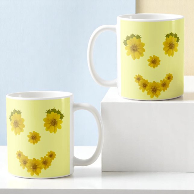 Humous Sunshine Gula blommor Smile Ansikte Kaffemugg (flower smile design on both sides of mug)