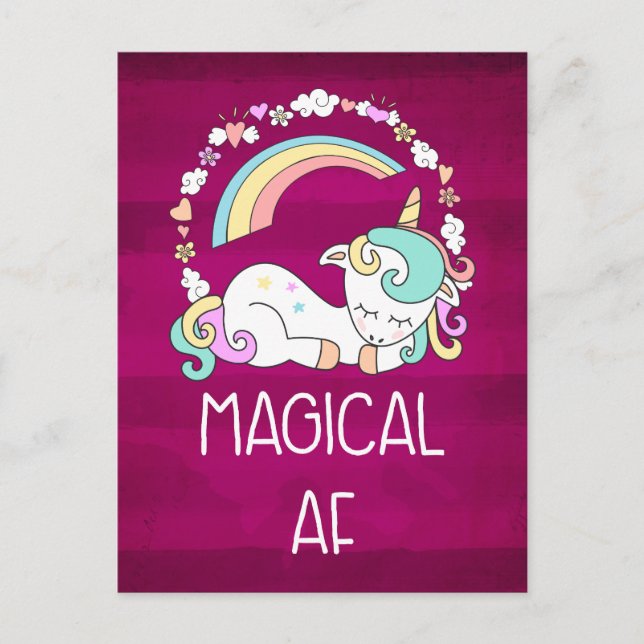 Humous Unicorn Magic AF på Mörk Red Mönster Vykort (Framsida)