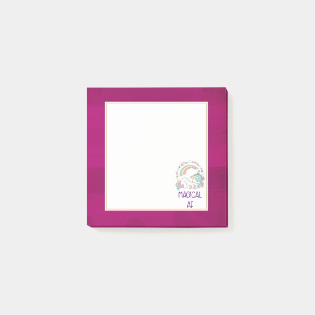 Humous Unicorn Magic AF på Pinkish Red Mönster Post-it Block (Framsida)