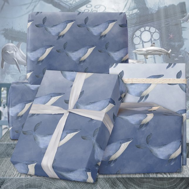 Humpback-valar under djuphavskräftor P Presentpapper (Baby Blue Humpback Whales Under The Deep Blue Sea Kids & Adults Gift Wrapping Paper Rolls)