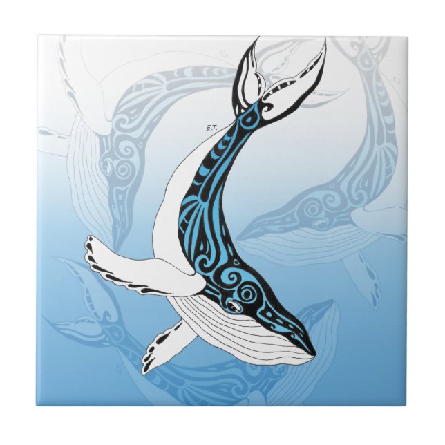 Humpback Whale Tribal Blue Art Kakelplatta (Framsidan)