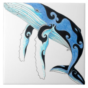 Humpback Whale Tribal Spirit Blue Art Kakelplatta