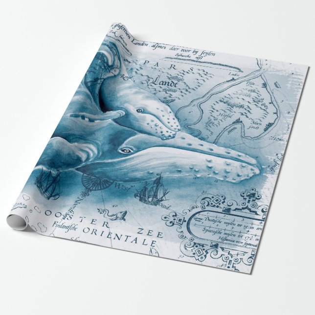 Humpbacks Blue Vintage Karta Presentpapper (Utrullad)