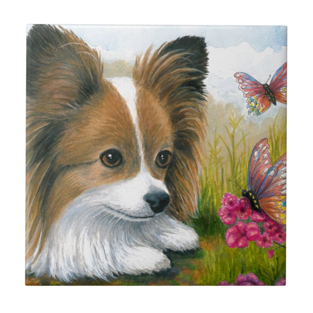 Hund 123 Papillon hund med fjärilar Kakelplatta (Framsidan)