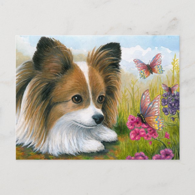 Hund 123 Papillon hund med fjärilar Vykort (Framsida)