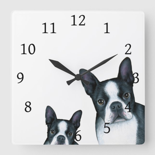 Hund 128 Black White Boston Terrier Fyrkantig Klocka (Framsida)