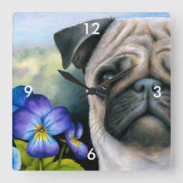 Hund 133 Pug Blue Lila Flower Fyrkantig Klocka