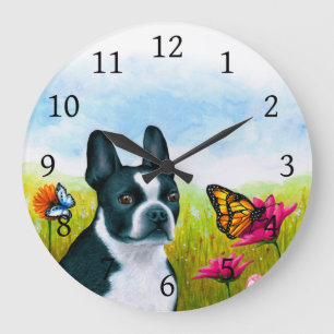 Hund 134 Boston Terrier-butterfly-blomma Stor Klocka