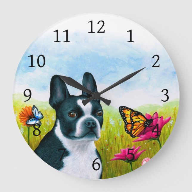 Hund 134 Boston Terrier-butterfly-blomma Stor Klocka (Framsida)