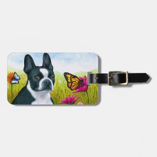 Hund 134 Boston Terrier Butterfly Flower Bagagebricka (Horisontell Framsida)