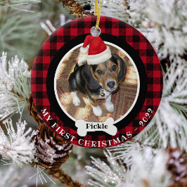 Hund 1:a julfoto Buffalo Play Santa Hat Julgransprydnad Keramik