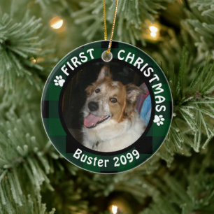 Hund 2-foto-Grönt i jul och svartvit färgning Julgransprydnad Keramik