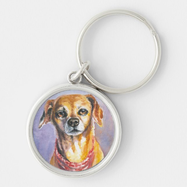 Hund 2 rund silverfärgad nyckelring (Framsidan)