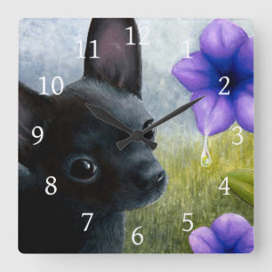 Hund 94 Black Chihuahua Lila Flower Fyrkantig Klocka