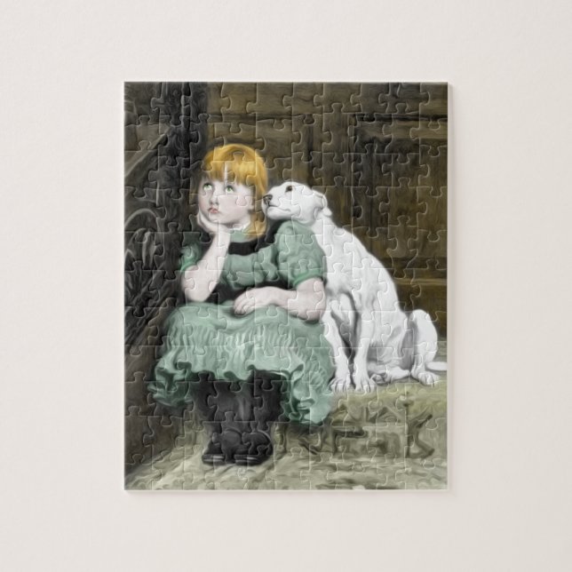Hund Adoring Girl Victorian Painting Pussel (Vertikal)