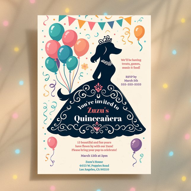 Hund älskare Bevalt Quinceañera Birthday Fiesta Inbjudningar (Dog Lover's Beautiful Quinceañera Birthday Fiesta Invitation)
