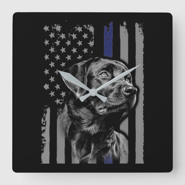 Hund älskare | Black Labrador American Flagga Thin Fyrkantig Klocka (Framsida)