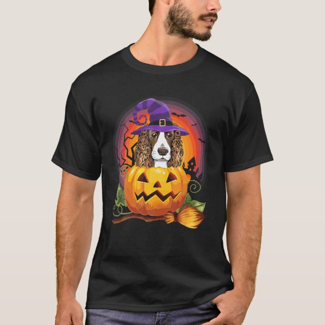 Hund älskare English Cocker Spain Witch Pumpkin T Shirt (Framsida)