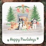 Hund älskare Lycklig Pawlidays jul Fyrkantigt Klistermärke<br><div class="desc">Skicka julhälsningar den här julhelgen med det här söta hundarna, katter, valpar och kattungar i en vattenfärgsdesign. Denna djurläder-helgdag-dekal har hundar, gult labrador, gräns-kollie, gyllene hämtare, pommern, beagle och en skymf och en skymf en eldstad med träd, lager och presenter. Denna hund jultomtetikett för katter är perfekt för veterinärer, veterinärer,...</div>