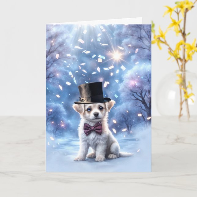 Hund av gott nytt år valp med konfetti Hat Kort (Gul blomma)