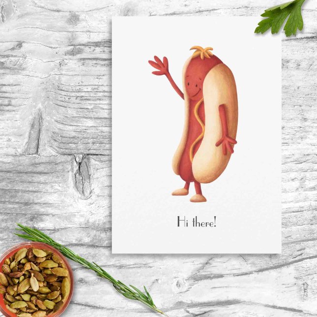Hund av minimalistisk Hett med Mustard-Tecknad Vykort (Funny Mustard Hot Dog Hello Postcard by Kinda Cute by Patricia Alvarez)