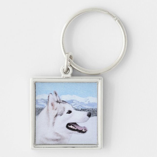 Hund av siberian husky (Silver och vitt) Fyrkantig Silverfärgad Nyckelring (Framsidan)