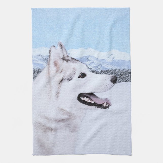 Hund av siberian husky (Silver och vitt) Kökshandduk (Vertikal)