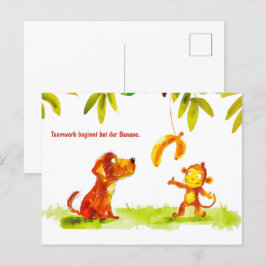 Hund av vattenfärgen Tecknad och apa vill ha Banan Helg Vykort