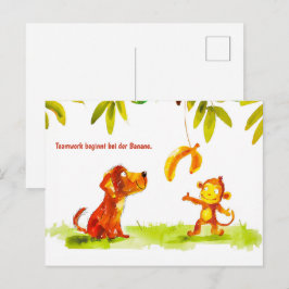 Hund av vattenfärgen Tecknad och apa vill ha Banan Helg Vykort