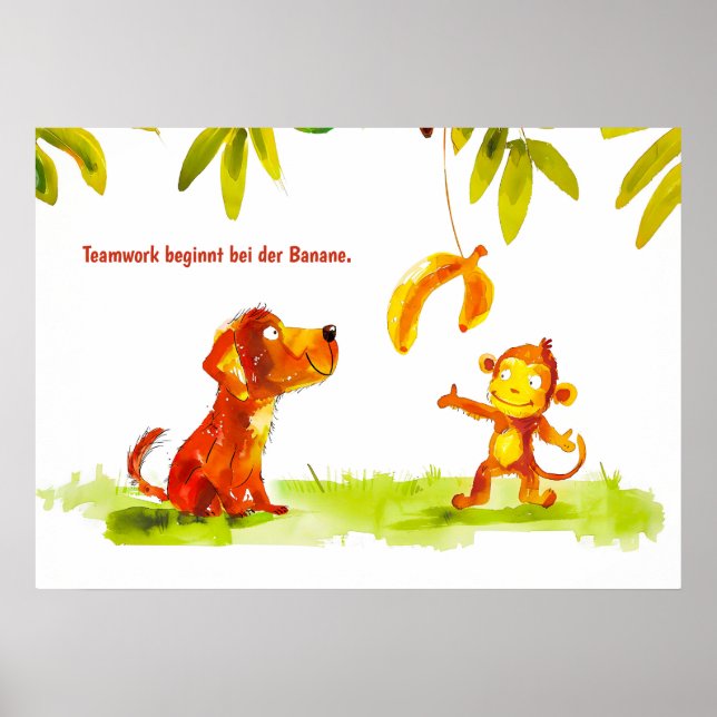 Hund av vattenfärgen Tecknad och apa vill ha Banan Poster (Framsidan)