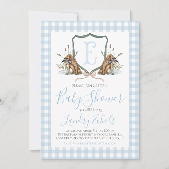 Hund Baby Shower för Preppy Southern Blue Boy Anka Inbjudningar (Framsida)