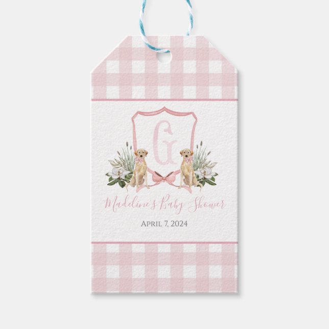 Hund Baby Shower för Preppy Southern Rosa Girl Presentetikett (Framsidan)