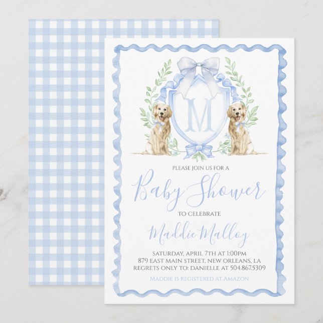 Hund Baby Shower Preppy Boy Puppy Blue Gingham Inbjudningar (Fram/baksida)