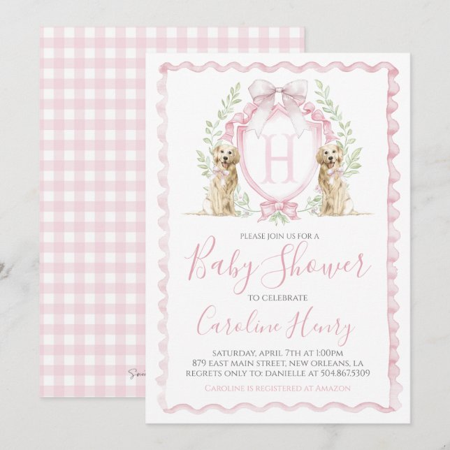 Hund Baby Shower Preppy Rosa Gingham Inbjudningar (Fram/baksida)