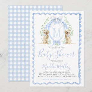 Hund Baby Shower Snygg Pojke Valp Blå Rutig Inbjudningar