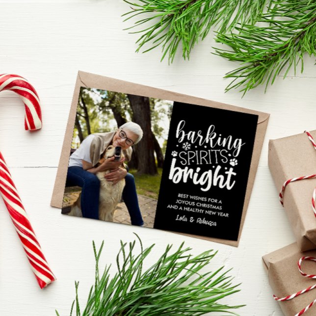 HUND BARKING SPIRIT BRIGHT PET BLACK CHRISTMAS HELG VYKORT (FUNNY BARKING SPIRITS BRIGHT CHRISTMAS CARD WITH PHOTO FOR DOG LOVERS. ADD YOUR FURRY BABY PICTURE)