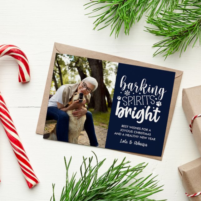 HUND BARKING SPIRIT BRIGHT PET NAVY BLUE CHRISTMAS HELG VYKORT (DOG OWNER CHRISTMAS POSTCARD BARKING SPIRITS BRIGHT VERTICAL PHOTO TEMPLATE EASY TO CUSTOMIZE CHEAP)