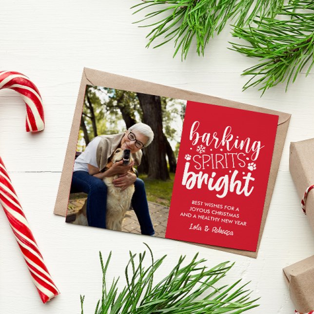 HUND BARKING SPIRIT BRIGHT PET RED CHRISTMAS HELG VYKORT (DOG LOVER CHRISTMAS POSTCARD BARKING SPIRITS BRIGHT VERTICAL PHOTO TEMPLATE EASY TO CUSTOMIZE CHEAP)