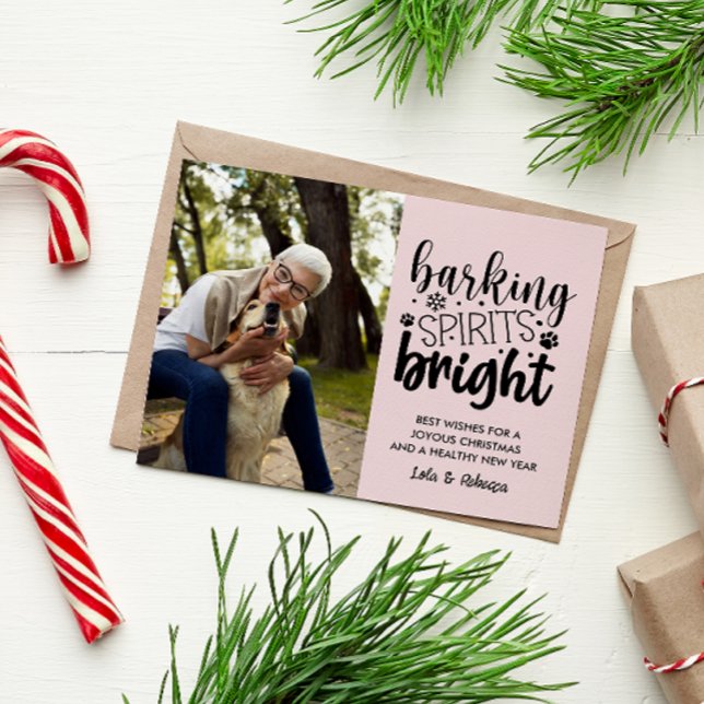 HUND BARKING SPIRIT BRIGHT PET ROSA CHRISTMAS HELG VYKORT (pink black dog-themed christmas photo postcard for puppy lovers, dog owner and new furry friends )