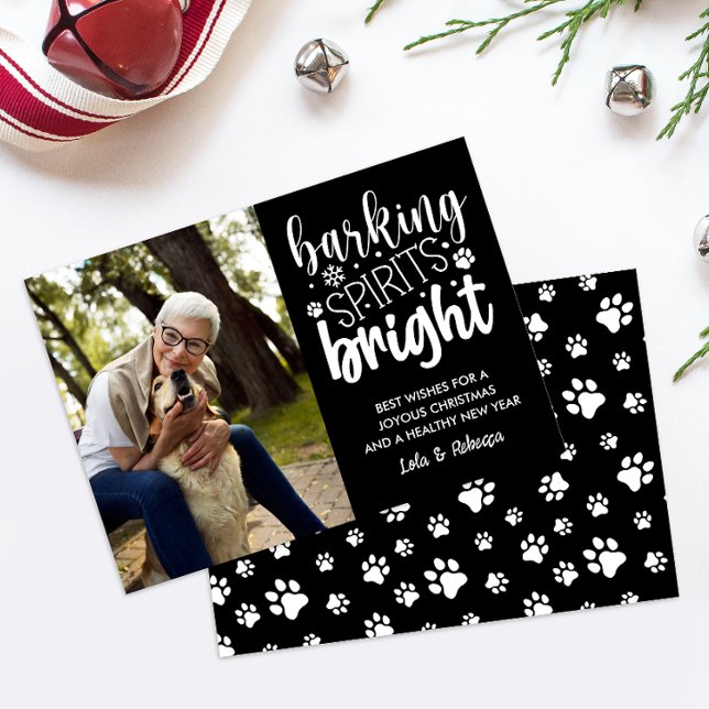 HUND BARKING SPIRIT BRIGHT TASSAR BLACK CHRISTMAS JULKORT (SAVE MONEY SEND DIGITAL CARDS THIS SEASON AS CHRISTMAS GREETINGS WITH DOG THEMED CARD WITH PET PHOTO)