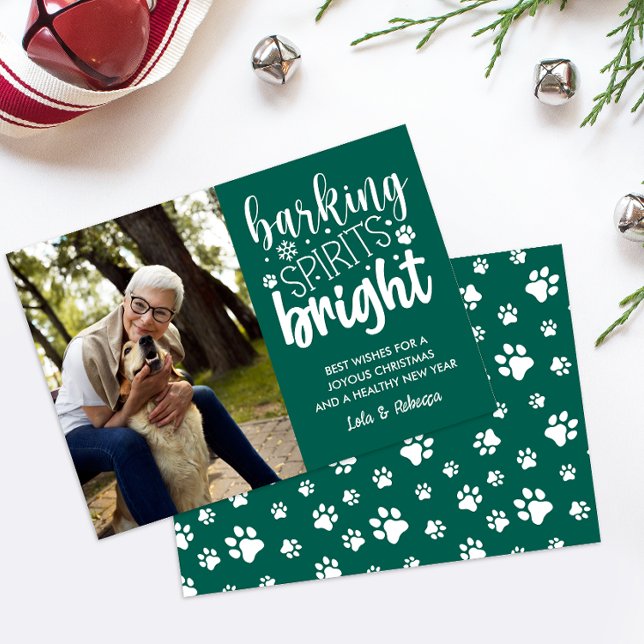 HUND BARKING SPIRIT BRIGHT TASSAR GRÖNT CHRISTMAS JULKORT (PET LOVER SEND THIS FANTASTIC PHOTO CHRISTMAS CARD WITH PAW PRINTS BARKING SPIRIT BRIGHT DIGITAL )