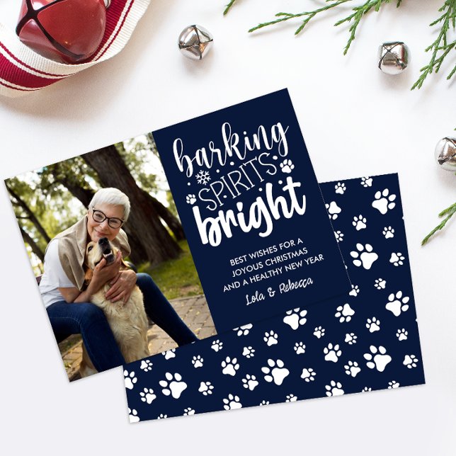 HUND BARKING SPIRIT BRIGHT TASSAR NAVY CHRISTMAS JULKORT (NAVY WHITE PET OR DOG THEMED PHOTO CARD FOR ANIMAL LOVER ADD YOU FURRY FRIEND FOTO DIGITAL DOWNLOAD)