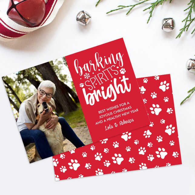 HUND BARKING SPIRIT BRIGHT TASSAR RED CHRISTMAS JULKORT (RED WITHE DIGITAL PHOTO CARD FOR CHRISTMAS WISHES WITH PET OR DOG THEME ADD YOUR FURRY BABY PORTRAIT)