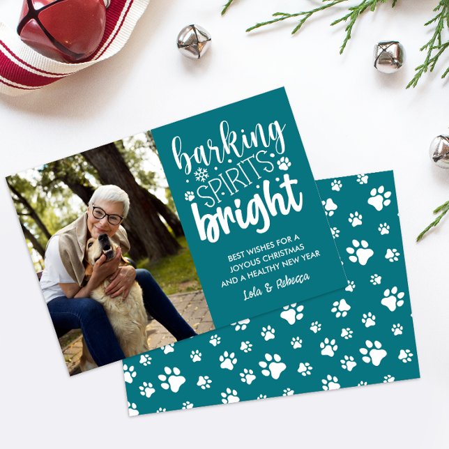 HUND BARKING SPIRIT BRIGHT TASSAR TEAL CHRISTMAS JULKORT (TEAL DOG THEMED PHOTO CHRISTMAS CARD WITH VERTICAL PORTAIT OF YOU AND YOUR PET DIGITAL DOWNLOAD )