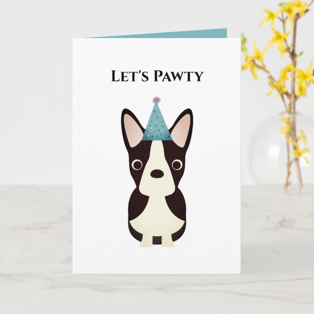Hund Birthday Card, Låt oss Pawty Boston Terrier Kort (Gul blomma)