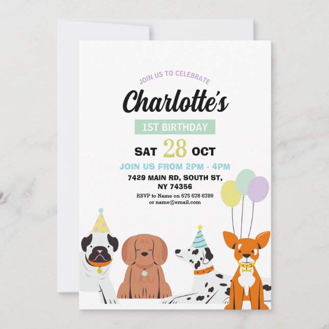 Hund Birthday Inbjudan Girl Boy Party Pawty Roligt (Framsida)