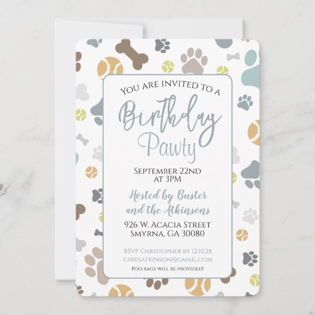 Hund Birthday Pawty Blue Party Inbjudningar (Framsida)