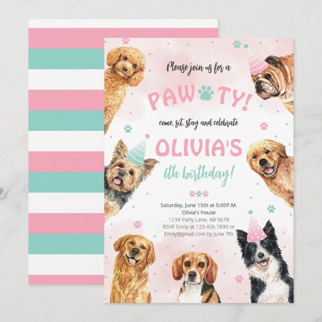 Hund Birthday Pawty Inbjudningar (Fram/baksida)