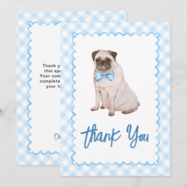 Hund Blå Gingham Bebis Shower Tack Kort (Fram/baksida)